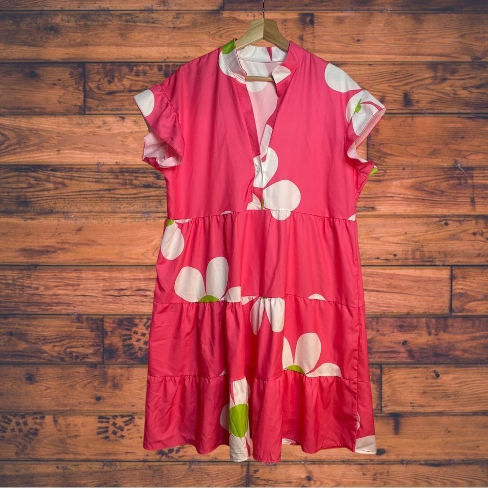 5 for $25🔥Floral Pink Flutter‎ Sleeve Tiered Dress 1XL